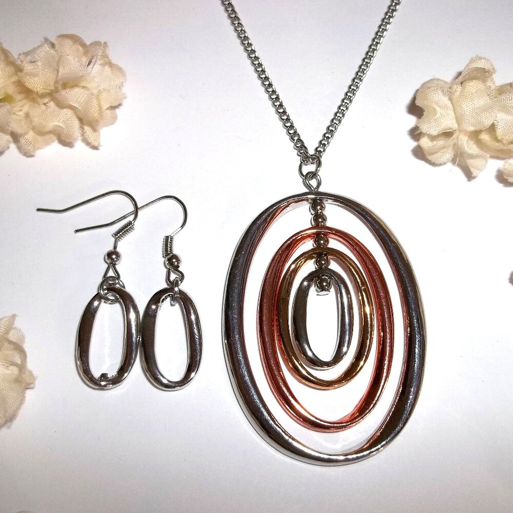 Jewelry Set Drop Earrings and Long Necklace Gold Silver Rose Gold Tri-color C743